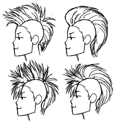 How To Draw A Mohawk Front View, Mohawk Reference Drawing, How To Draw Mohawk Hair, Drawing Mohawk Hair, Anime Mohawk Hair Drawing, Mohawk Front View Drawing, Mohawk Side Profile, How To Draw Mohawk, Rock Star Character Design