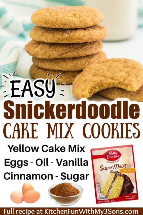 Snickerdoodle Cake Mix Cookies are a delicious, quick and easy dessert. The first time I made them it took me less than 30 minutes from start to finish! They're perfect for those days when you want something sweet but don't have a lot of time or energy to make anything. Cake Box Snickerdoodle Cookies, Simple Snickerdoodle Cookies, Snickerdoodle Cake Mix Cookies, Easy Cake Box Cookies, Cake Mix Snickerdoodle Cookies, Snickerdoodle Cookies Recipe Easy, Snickerdoodle Desserts, Cake Batter Recipes, Snickerdoodle Cake