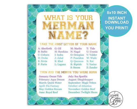 Merman Name, Merman Party, Your Mermaid Name, Mermaid Games, Mermaid Party Printables, Mermaid Party Games, Mermaid Party Food, Cowboy Names, Mermaid Names