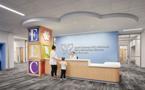 North Kansas City Schools Early Education Center - Education Snapshots School Reception, Classroom Interior, Lectures Hall, Modular Lounges, Wall Exterior, Reception Design, Education Architecture, Reception Area, Education Center