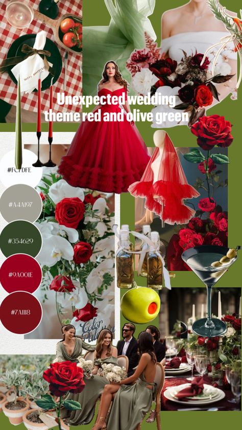 dreaming about red and olive green wedding colour ideas #redandgreenwedding #unexpectedmoodboard #weddinginspo #shootidea #weddinginspo #redroses #olives #redandolive #quirky #bridey #bridetobe Wedding Moodboard Inspiration, Olive Green Wedding, Olive Green Weddings, Red Wedding Theme, Moodboard Inspiration, Wedding Moodboard, Green Wedding Colors, Wedding Colour, Unique Bride