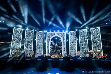 Wedding Concert Stage, Sufi Stage Decor, Sangeet Night Stage Decor, Sangeet Stage Design, Sufi Night Wedding Decor, Sangeet Stage Decor With Led Screen, Arabian Theme Wedding, Arabian Night Decor, Sangeet Stage Decor Backdrops