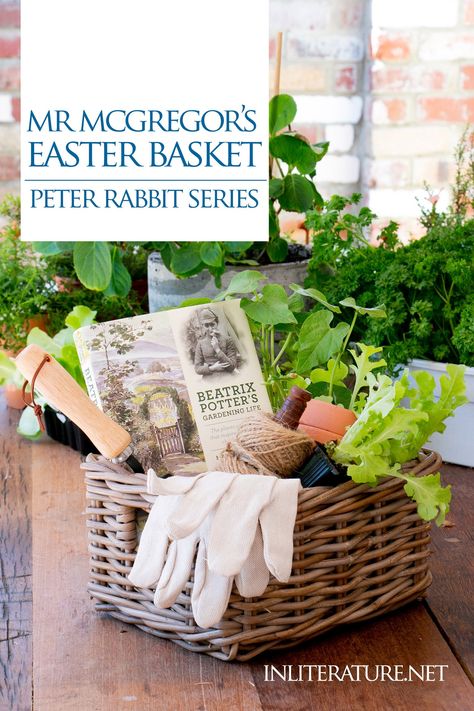 Pull together the perfect gardening gift basket for the gardener (or would be gardener!) in your life. Inspired by Mr McGregor from Peter Rabbit, and Beatrix Potter's love of gardening, there are ideas for both adults and children gift baskets. Gardening Gift Basket Diy, Adult Gift Basket, Gardening Gift Basket, Peter Rabbit Toys, Gardening Gift Box, Mr Mcgregor, Creative Easter Baskets, Gardening Gift Baskets, Raffle Basket