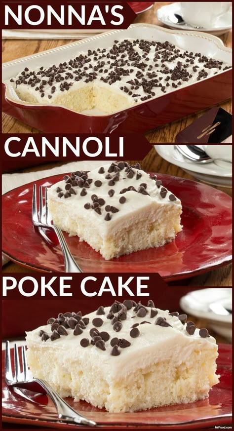 Cannoli for everyone! This party-sized poke cake has all the flavor of one of your favorite Italian desserts – the cannoli. And since it starts with a box of cake mix, you know it’s going to be easy! Cannoli Poke Cake, Cannoli Cake, Holy Cannoli, Cake Form, Italian Pastries, Italian Cake, Dessert Oreo, Poke Cake Recipes, Poke Cakes