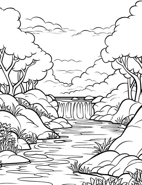 Forest Waterfall Drawing, Rain Forest Drawing Easy, How To Draw A Rainforest, The Last Of Us Coloring Pages, Simple Landscape Coloring Pages, Outdoor Coloring Pages, Waterfall Coloring Pages, Simple Nature Drawing, Fall Stencils