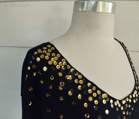 WobiSobi: Gold and Black, Sequin Shirt DIY Diy Sequin Top, Diy Sequin, Tank Tops Diy, Sequin Scarf, Sequin Tee, Sequin Shirt, Meme Design, Cute Diy, Beauty Advice