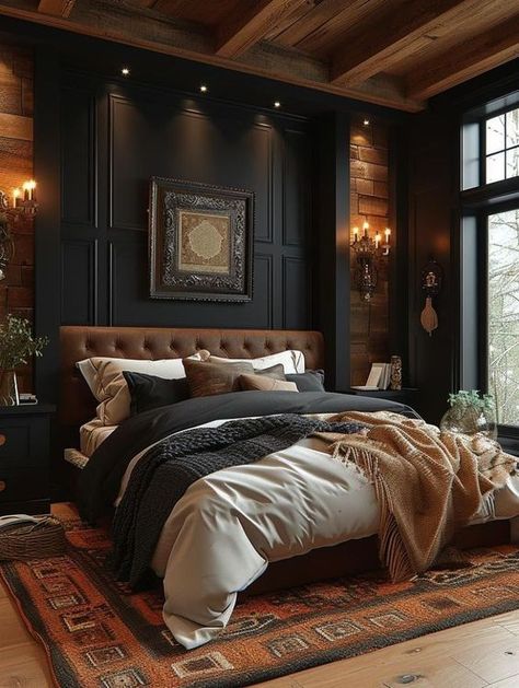 Black Bedroom Wood Accents, Black Interior Home Decor, Forrest Green Color Scheme Bedroom, Master Bedrooms Decor Cozy Relaxing Dark, Dark Cozy Bedroom Ideas Romantic, Moody Luxe, Cabin Bedrooms, Masters Bedroom, Bedroom Inspirations For Small Rooms