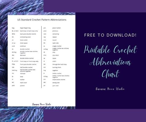 Image of a crochet abbreviation list. Text reads: Free to download with subscription. Printable crochet abbreviation list. Banana Moon Studio. Pattern Meaning, Beanie Hat Pattern, Crochet Cardigan Pattern Free, Back Post Double Crochet, Front Post Double Crochet, Crochet Decrease, Crochet Abbreviations, Printable Chart, Crochet Stitches Tutorial