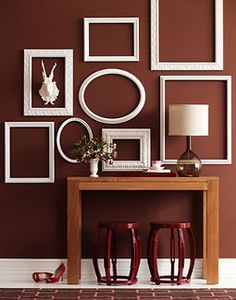 Picture Displays, Empty Picture Frames, Frames Ideas, Framing Ideas, Empty Frames, House Details, Frame Ideas, Modern Console, Brown Walls