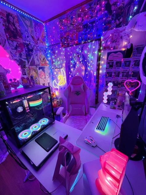 Streamer Room Aesthetic, Gaming Room Ideas, Anime Bedroom Ideas, Anime Bedroom, Room Gaming, Computer Gaming Room, Otaku Room, Gamer Room Decor, Video Game Room Design