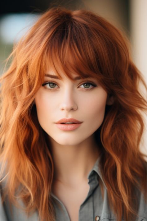 The copper fringe with ashy undertones offers an edgy contrast that draws attention to your face. The ashy undertones provide depth, making the copper fringe pop. Click here to check out more lovely copper hair color ideas for 2023. Red Hair With Bangs, Copper Hair Color, Long Red Hair, Auburn Hair, Copper Hair, Ginger Hair, Hair Today, Hairstyles With Bangs, Green Eyes