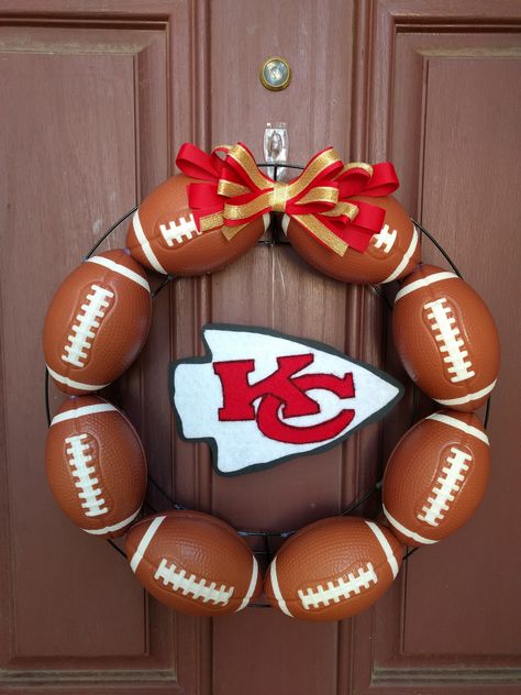 Kc Chiefs Diy Decor, Diy Kc Chiefs Crafts, Kc Chiefs Party Decorations, Chiefs Decorations Diy, Dollar Tree Football Decor, Kansas City Chiefs Superbowl Party, Diy Chiefs Decor, Kc Chiefs Wreath, Diy Kansas City Chiefs Decor