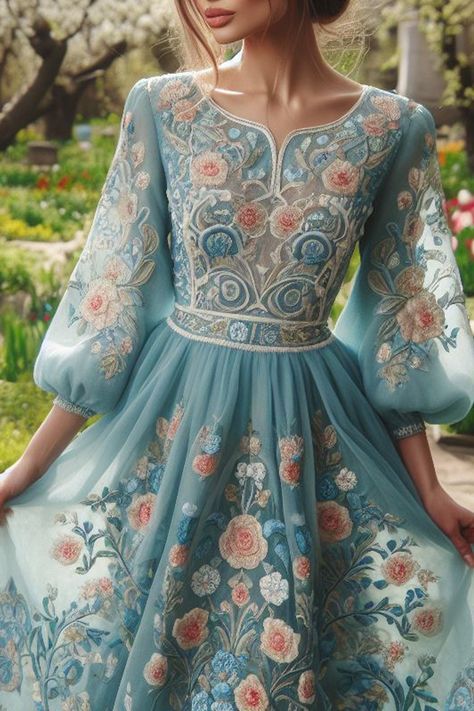 Hi My Friends If you feel boring so visit my website for entertaining Blue Spring Dress, Blue Spring Dresses, Fabric Mirror, Azure Dress, Regency Ball, Blue Cottagecore, Cottagecore Outfits, Flowers Embroidery, Best Dresses