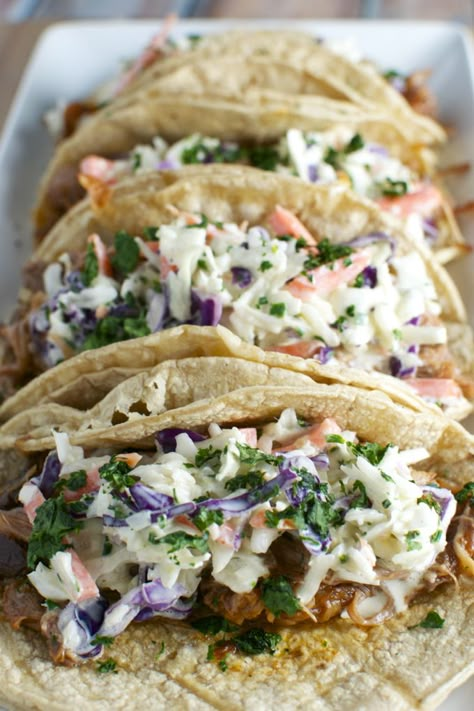 Barbecue Pork Tacos with Honey Mustard Slaw - Stuck On Sweet Texas Tacos Recipes, Honey Mustard Slaw, Mustard Slaw, Pulled Pork Tacos, Pork Tacos, Barbecue Pork, Sweet Recipe, Bbq Pork, Pork Dishes