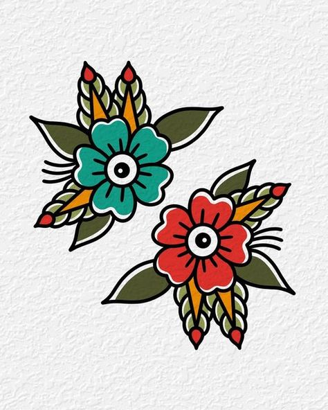 American Traditional Flower Filler, Oldschool Tattoo Traditional Colour, Flower Filler Tattoo, American Traditional Tattoos Flower, Traditional Flower Tattoo Design, Traditional Tattoo Flower, Sleeve Tattoos Floral, American Traditional Flower Tattoo, American Traditional Flowers