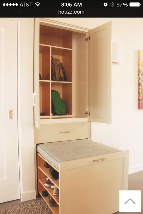 Built in Mud Room Hallway Storage Built In, Built In Hallway Storage, Built In Mud Room, Entry Wardrobe, Small Entry Closet Ideas, Small Entry Closet, Entry Closet Ideas, Storage Walls, Mud Room Laundry Room Combo