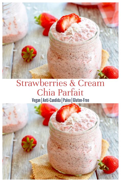 This Candida diet strawberry parfait uses healthy ingredients for a light, flavorful and satisfying dessert! Makes a great snack or dessert while on a candida diet. #candidadietdessert, #candidadietsnack, #chiaparfait, #sugarfree, #vegandessert Candida Lunch Recipes, Candida Diet Dessert Recipes, Candida Dessert Recipes, Vegan Candida Diet Recipes, Candida Recipes Dinner, Anti Candida Diet Recipes, Candida Diet Recipes Breakfast, Candida Diet Recipes Phase 1, Candida Diet Desserts