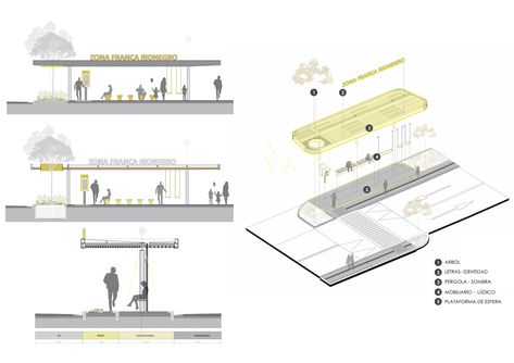 Galería de Parada de bus lúdica / Arquiurbano Taller - 18 City Layout, Urban Spaces, Bus Stop, Architecture Drawing, Buses, Roof, Arch, Floor Plans, Tower