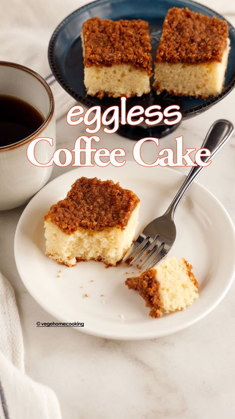 This Eggless Coffee Cake is delicious, buttery, and melt-in-the-mouth, with crisp and crunchy streusel topping! It is soft, moist, tender, and with a sugar crunch on the top, perfect for breakfast. Eggless Coffee Cake, Egg Allergy Recipes, Egg Free Desserts, Tea Cakes Recipes, Eggless Cake Recipe, Eggless Desserts, Eggless Recipes, Healthy Cake Recipes, Eggless Baking