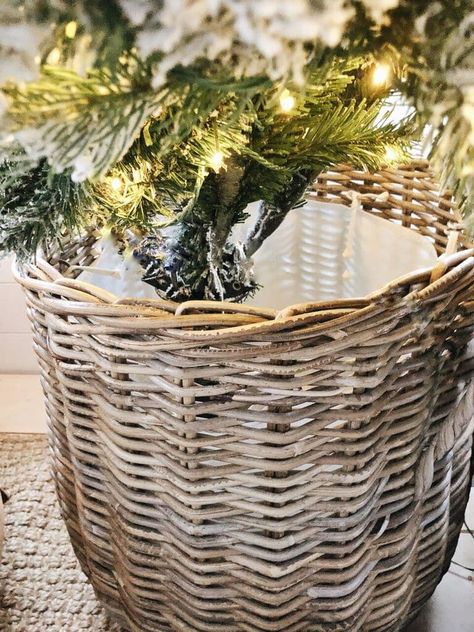 How To Style A Christmas Tree In A Basket - Liz Marie Blog Christmas Tree In Basket With Blanket, Small Christmas Tree Basket, Tree In A Basket Christmas, Christmas Tree In A Basket Ideas, Baskets For Christmas Trees, Pencil Tree In Basket, How To Put A Christmas Tree In A Basket, Small Christmas Tree In Basket, Christmas Trees In Baskets