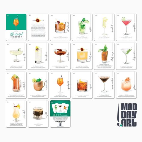 Illustrated Mixology: A Visual Guide to Craft Cocktails. 🍹🎨 Let's mix, shake, and stir up some delightful drinks together. https://moddayart.com/shop/illustrated-mixology-cocktail-recipe-cards/ #MixologyMagic #CocktailCreativity #HappyHourHappiness #IllustratedMixology Cocktail Flash Cards, Cute Cocktail Recipe Cards, Cocktail Menu Illustration, Cocktails And Conversations Invite, Illustrated Cocktail Recipe, Cocktail Cards, Drink Recipes Nonalcoholic, Bingo Card, Cocktail Menu