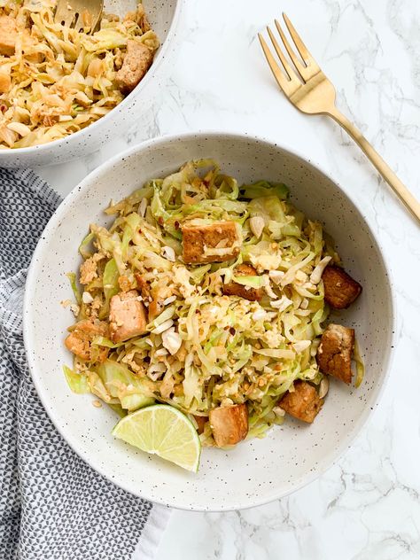 Spicy Tofu Cabbage Pad Thai Cabbage Pad Thai, Cabbage Tofu, Popular Thai Dishes, Shaved Asparagus, Whole Wheat Bagel, Shredded Cabbage, Salad With Feta, Spiralizer Recipes, More Veggies