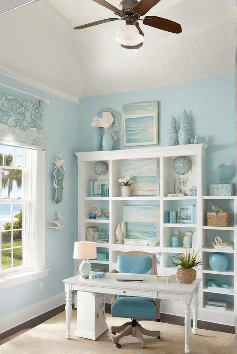 coastal home decor, home office design, beach house decor, coastal interior design Office Sitting Room Combo, Coastal Office Decor, Beachy Office, Beach House Office, Coastal Home Office, Coastal Office, Chiropractic Clinic, Work Office Decor, Corporate Office Design