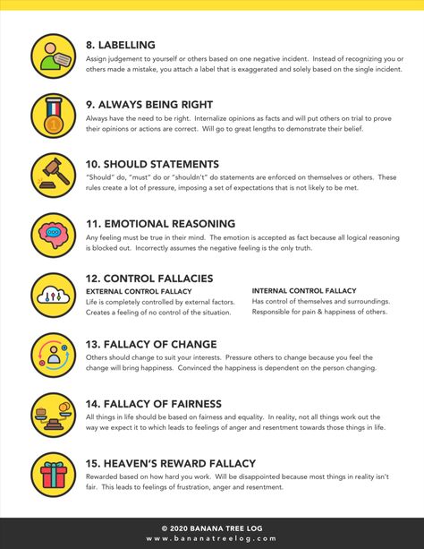 Get your free printable pdf copy of the list of 15 common thought distortions. By understanding the common types you can prevent irrational thinking errors from influencing negative thought patterns.

Click the link to download a free copy.

#cognitivedistortions #mentalhealthinfographic #mentalhealthprintable Thinking Errors Activities, Cognitive Distortions List, Thought Distortions, Thinking Traps, Understanding The Self, Irrational Thinking, Distorted Thinking, Cognitive Distortions Worksheet, Thinking Errors