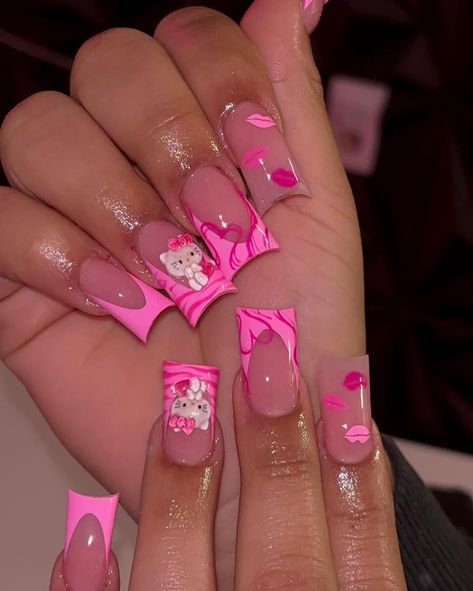 Pink Duck, Acrylic Nail Set, Punk Nails, Duck Nails, Airbrush Nails, Hard Nails, Colored Acrylic Nails, Girly Acrylic Nails, Cute Acrylic Nail Designs