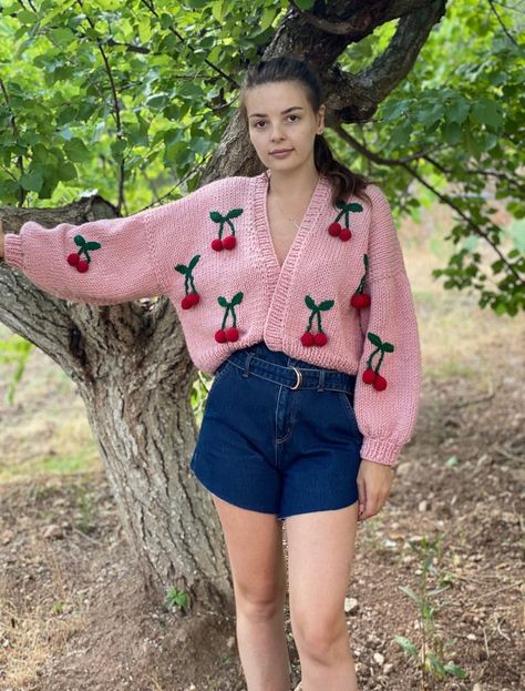 Cherry Cardigan, Handmade Cardigan, Harajuku Clothes, Sweater Handmade, Cardigan For Women, Aesthetic Crochet, Sweater Crochet Pattern, Chunky Sweater, Kawaii Clothes