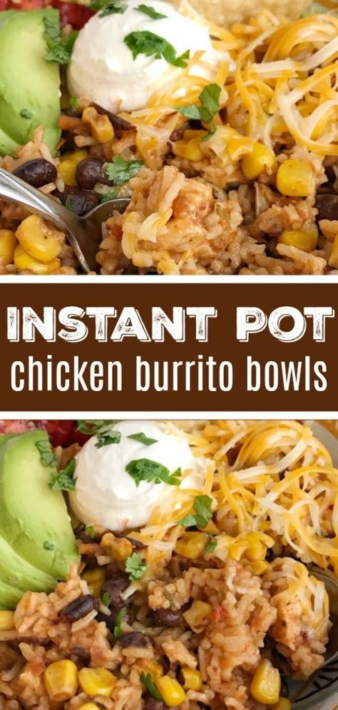 Instant Pot Recipe Chicken, Instant Pot Mexican, Chicken Recipes Instant Pot, Chicken Burrito Bowls, Instant Pot Chicken Recipes, Tomato Avocado, Chicken Burrito Bowl, Cheese Tomato, Chicken Burrito