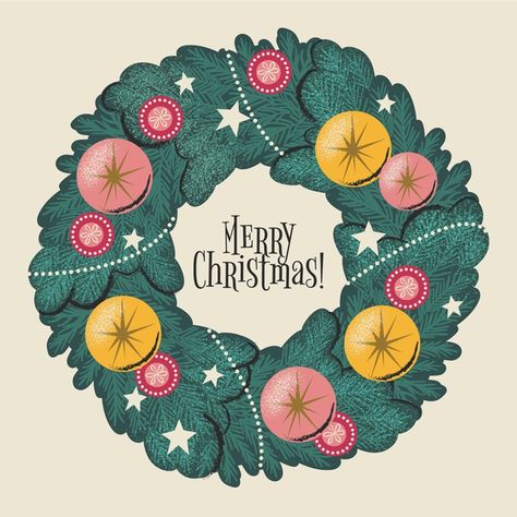 Christmas Wreaths Illustration, Wreath Illustration Christmas, Christmas Door Design, Christmas Wreath Illustration, Christmas Poster Design, Christmas Graphic Design, Wreath Illustration, Graphic Design Cards, Vintage Wreath