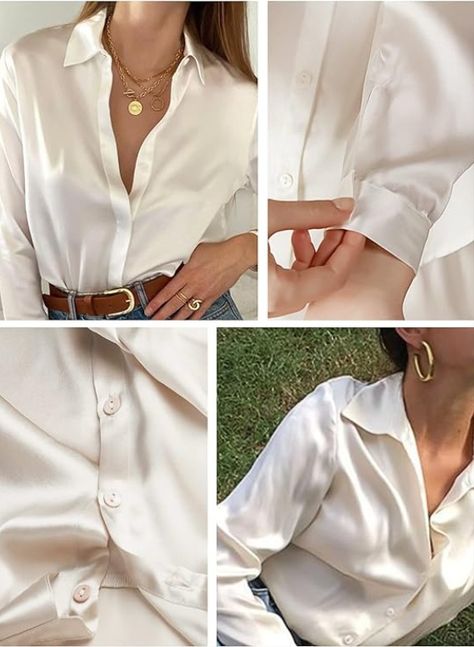 Bloggerlove Women Satin Shirts Button Down Blouse Casual Long Sleeve Silk Blouse Office Work Top

#fallfashion #trendingstyle #silkbuttonup Cream Satin Shirt Outfit, Cream Silk Blouse, Satin Shirts, Beige Shirt, Satin Long Sleeve, White Button Down Shirt, Blouse Casual, Cream Silk, Work Tops