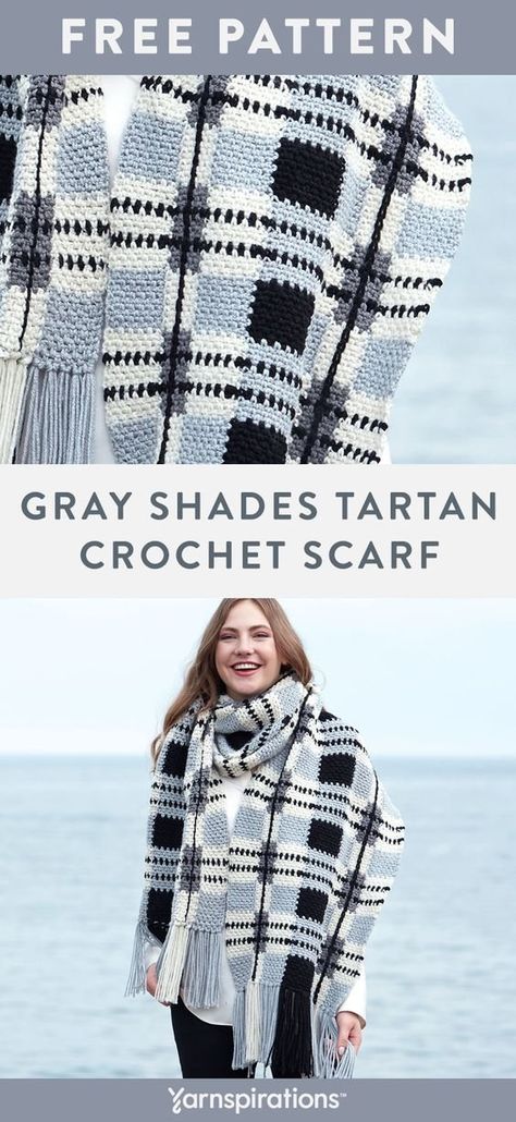 Free crochet pattern in Red Heart Heat Wave yarn. Free Gray Shades Tartan Crochet Scarf Pattern. Those who enjoy intarsia for creating high fashion garments will love working on this classic crochet scarf! #yarnspirations #RedHeart #heatwave#redheartheatwave #crochetscarf #intarsia Tartan Crochet Pattern, Crochet Tartan, Crochet Blanket Scarf, Plaid Crochet, Gray Shades, Crochet Scarf Pattern, Crochet Scarfs, Fashion Garments, Crochet Crowd