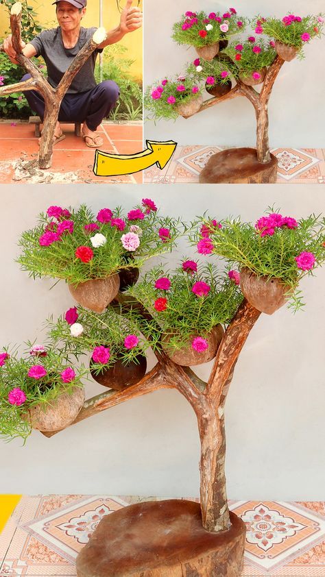 Dried Tree Branches, Recycled Garden Art, Dry Tree, Diy Garden Trellis, Unique Garden Decor, نباتات منزلية, Garden Decor Diy, Recycled Garden, Garden Decor Projects