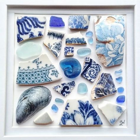 Steph || Red Island Sea Glass on Instagram: "NEW Sea Treasure Frames in shop 💙💙💙💚💚💚❤️❤️❤️ Swipe to see all 4 of them! All of my frames are filled with real hand-collected sea treasures (Not prints). So many special and rare pieces in every frame! 💕💓💘 Link in bio or send me a message on here for a PayPal invoice ☺️ I've added some new marble listings to the shop as well ✨ Let me know which one speaks to you 👄 #seaglass #seapottery #handmadeincanada #sustainableshopping #ecofriendlyprodu Seaglass Display Ideas, Sea Glass Display, Natural Crafts, Sea Treasure, Sea Glass Mosaic, Sea Glass Art Projects, Pottery Projects, Beach Glass Art, Glass Art Projects