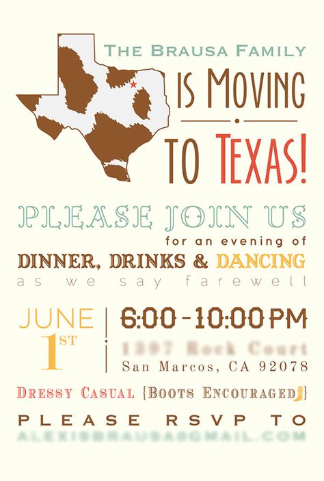 Moving Party Invite Moving To Texas Party, Texas Party, Moving To Texas, Patio Party, Surprise Party, Family Reunion, Cricut Crafts, Games For Kids, Clean House