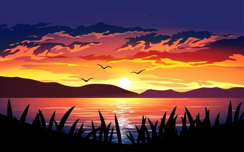 Dramatic Sunset over the Lake Sunset Digital Art, Ukulele Art, Qhd Wallpaper, Water Drawing, Sunset Background, Scenery Background, Desktop Wallpaper Art, Background Drawing, Lake Sunset