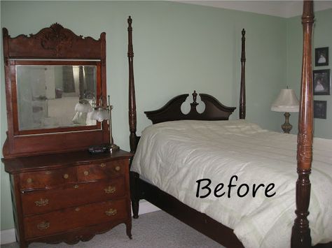 Kammy's Korner: Four Poster Bed: Cherry Finish Meets Shabby Chic  BEFORE Rice Bed, Cherry Bedroom Furniture, 4 Poster Bed, Cherry Bedroom, Old Bedroom, Dark Wood Bedroom, Bed Makeover, 4 Poster Beds, Bedroom Furniture Makeover