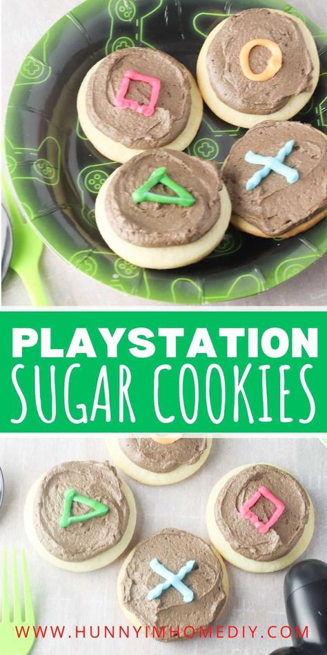 These Playstation cookies are the perfect video game party food to make! If you're searching for boy party ideas, you can't go wrong with these easy controller snacks to feed a crowd at your birthday celebration. All the kids at your event will love snacking on these easy sugar cookie treats! Video Game Snacks, Playstation Cookies, Video Game Party Food, Lego Batman Birthday Party, Video Game Birthday Party, Making Sugar Cookies, Game Birthday Party, Boy Party Decorations, Toy Story Party Decorations