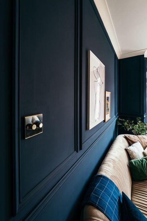 Hallway Wall Colors, Navy Blue Rooms, Dark Blue Paint Color, Dark Blue Rooms, Blue Feature Wall, Blue Walls Living Room, Blue Painted Walls, Blue Wall Colors, Navy Living Rooms