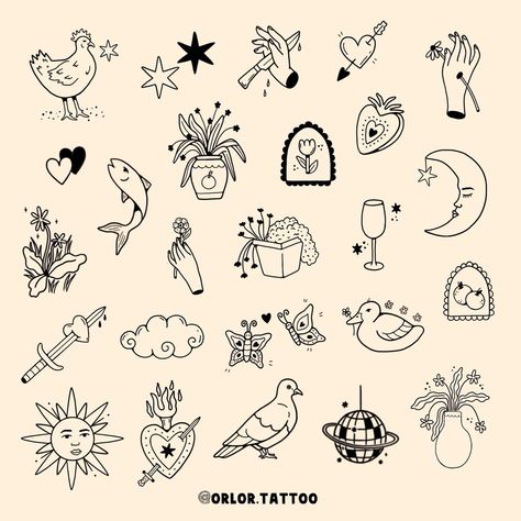 new flash sheet woooo 🥳 some art I’d love to tattoo on your skin swipe for colour option ideas! also I can always edit designs slightly for you too! all available for handpoke. I always do deals when you book more than on design in a session! so just message me for a quote :) based at @harmlesstattoo in Braintree, Essex #tattooflash #handpoke #handpokeflash #stickandpoke #colourtattoo #essextattoo #hertfordshiretattoo #suffolktattoo Small Tattoo Illustrations, Tattoo Flash Embroidery, Simple Tattoo Sheet, Skyrim Flash Tattoo, Hand Poke Flash, Sticker Flash Tattoo, Silly Flash Tattoos, Easy Flash Tattoo Designs, Handpoked Tattoo Ideas