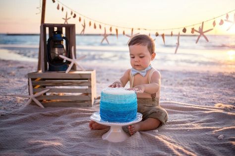 Beach Baby Photography, Beach Cake Smash, Outdoor Cake Smash, Baby Birthday Photoshoot, Beach Cake, 1st Birthday Pictures, 1st Birthday Photoshoot, First Birthday Pictures, Smash Cake Boy