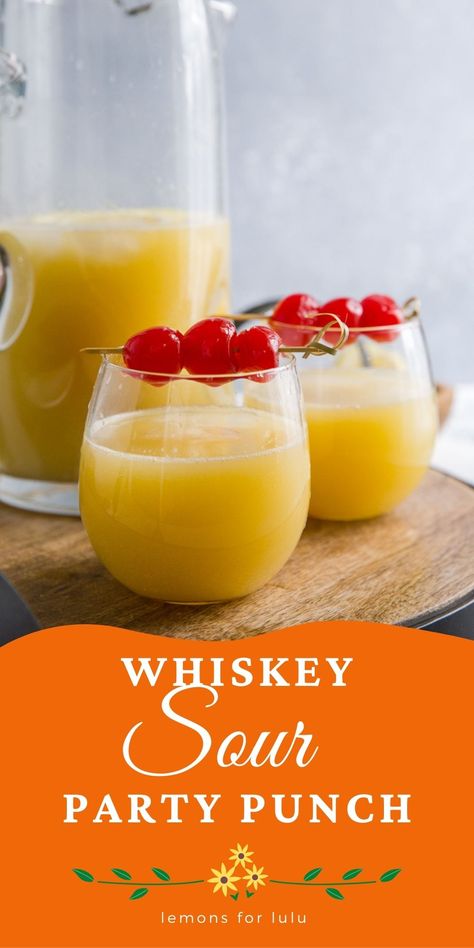 Whiskey Sour Batch, Whiskey Sour Pitcher Recipe, Bourbon Party Punch, Whiskey Drinks For A Crowd, Whisky Punch Recipes, Big Batch Whiskey Sour, Whiskey Cocktails For A Crowd, Cowboy Punch Alcohol, Bourbon Cocktails For A Crowd