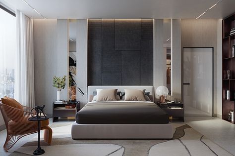 SKYLINE HOUSE APARTMENT INTERIOR DESIGN on Behance Guest Bedroom Home Office, Cama King Size, Design Del Prodotto, Contemporary Bedroom, Apartment Interior Design, Guest Bedrooms, Autodesk 3ds Max, Apartment Interior, Luxurious Bedrooms