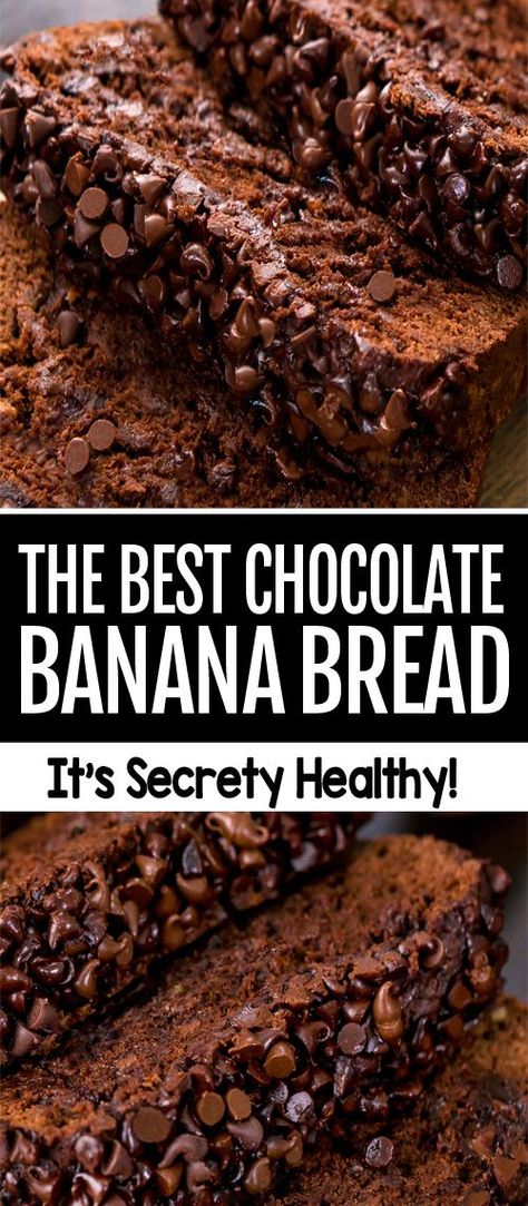 This delicious fudgy chocolate banana bread recipe can be vegan, gluten free, and oil free.. and it tastes like eating cake for breakfast! Best Chocolate Banana Bread, Healthy Chocolate Banana Bread, Healthy Chocolate Banana, Chocolate Banana Bread Recipe, Menu Sarapan Sehat, Healthy Chocolate Recipes, Banana Dessert Recipes, Healthy Banana Bread, Chocolate Banana Bread