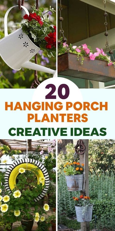 DIY Hanging Porch Flower Planters Creative Hanging Planters, Railing Planters Diy, Hanging Garden Decor, Diy Wall Planter Outdoor, Recycled Garden Planters, Small Garden Plans, Hanging Planter Boxes, Diy Wall Planter, Pebble Garden