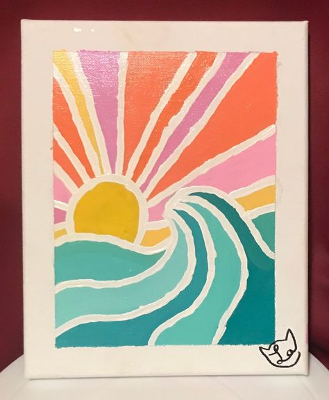 "This is a 8\" x 10\" Painting done with acrylic paint of a sunset over the ocean." Preppy Acrylic Painting Ideas, Stuff To Paint With Watercolor, Ocean Paintings Acrylic, Cute Ocean Painting, Beach Theme Painting Ideas, Paint Inspo Aesthetic, Surfboard Backdrop, Acrylic Painting Ideas Easy Simple, Diy Beach Painting