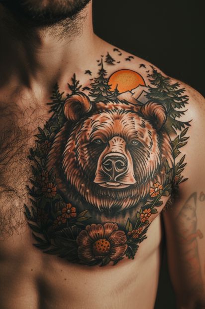 Hunting Chest Tattoo, Trad Bear Tattoo, Traditional Bear Tattoo, Grizzly Bear Tattoos, Neo Traditional Tattoos, Bear Tattoos, American Animals, Bear Tattoo, Traditional Tattoo Design