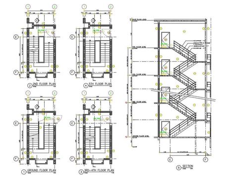 4 Storey Apartment Building Staircase Plan And Section Drawing - Cadbull 4 Storey Apartment Building Floor Plan, Apartment Building Staircase, Plan And Section Drawing, Design Of Staircase, Outside Staircase, Stairs Floor Plan, Building Staircase, Staircase Plan, Diy Stairs Outdoor